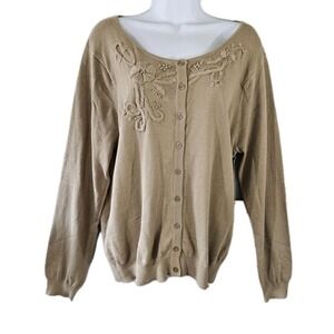 Downeast Sweater Womens 2XL Tan Embroidered Cardigan Granny Chic Cottagecore NWT